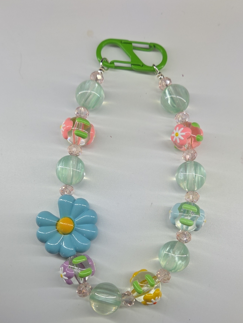 Floral Beaded Chain with Blue Flower Charm - Green Accent